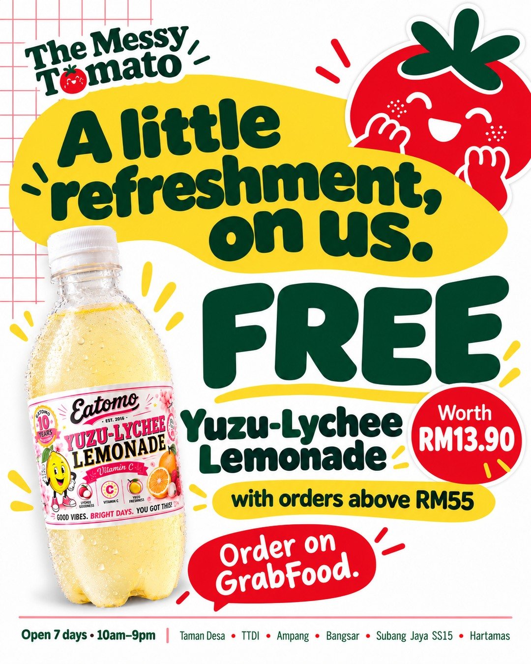 The Messy Tomato — 🍋 FREE Yuzu-Lychee Lemonade worth RM13.90 with orders above RM55 · daily 10am–9pm