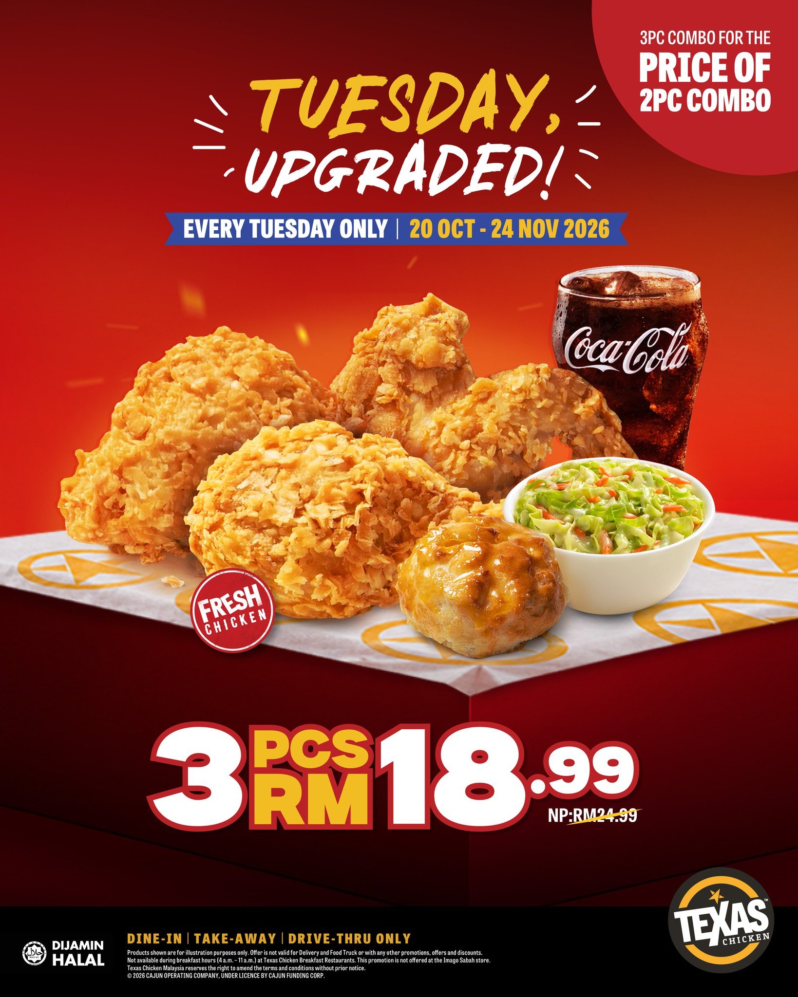 Texas Chicken — 🍗 3PC Combo RM18.99 (usual RM24.99), every Tuesday till 24 Nov